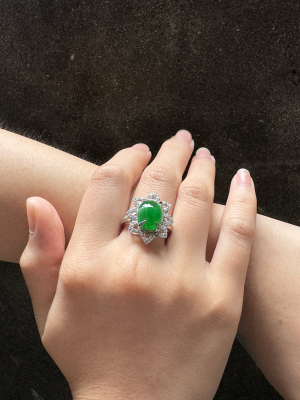 绿耀之华 玻璃种帝王绿合成翡翠钻石 戒指 R-2024-05